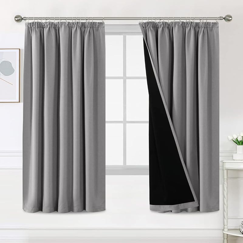 BellaHills 100% Blackout Curtains Black Liner 2 Panels 90x72 Dove Grey