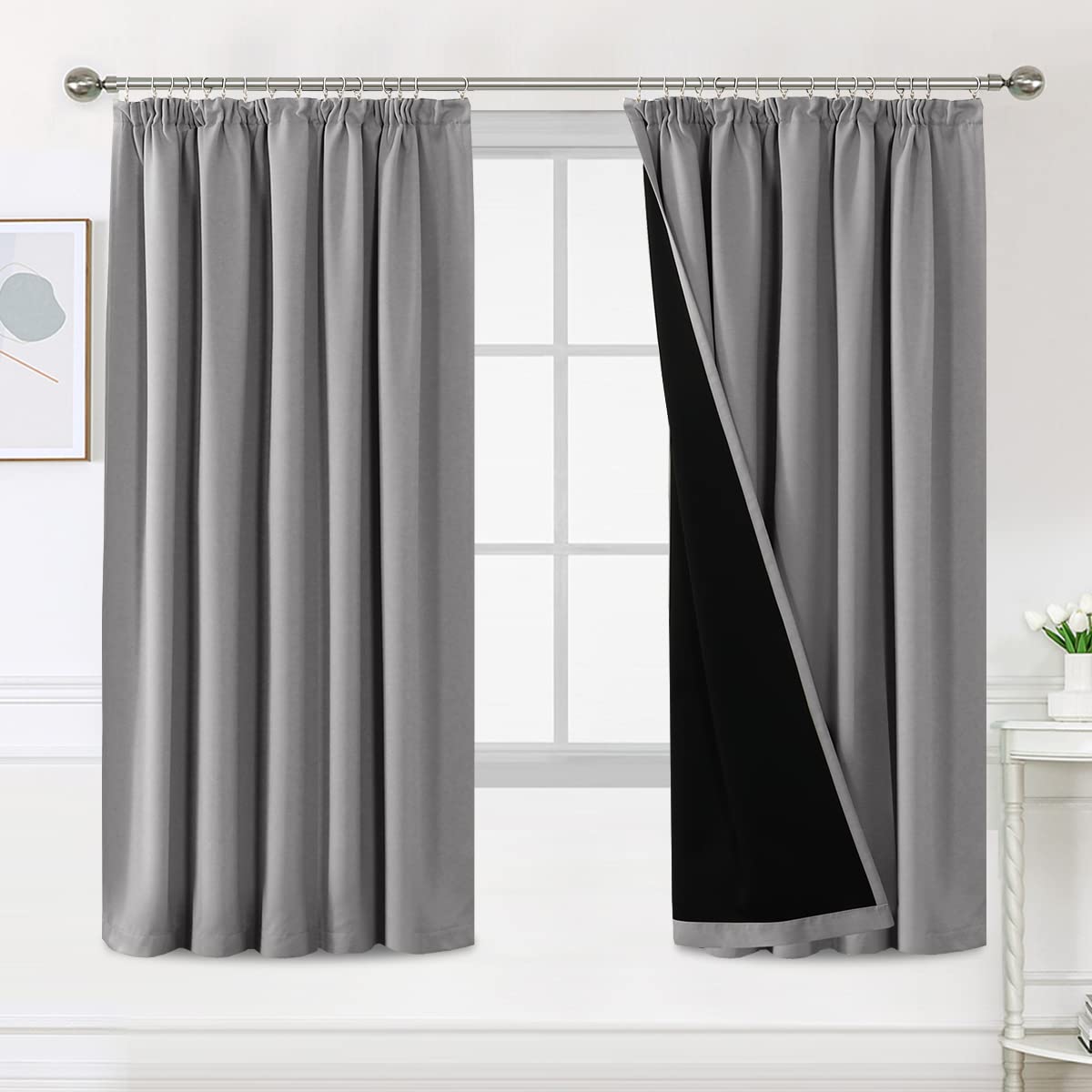 BellaHills 100% Blackout Curtains for Bedroom Thermal Insulated Curtains & Drapes Blackout Curtains Pencil Pleat Curtains for Living Room with Black Liner 2 Panels, 90 x 72 Inch, Dove Grey