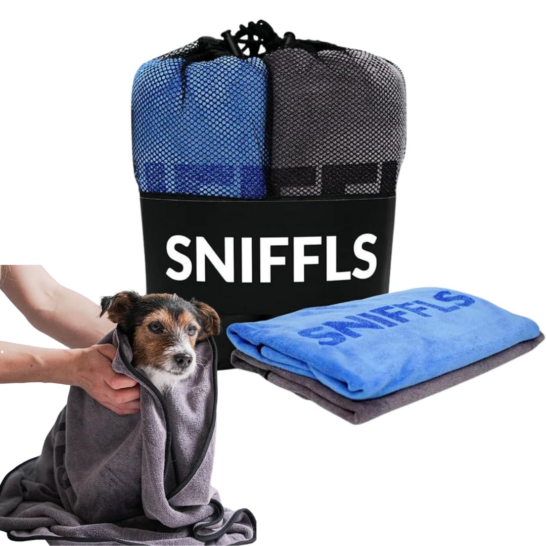 Sniffls 2 x Premium Dog Towels Extra Absorbent - Dog Towel Small Dogs (70 x 40 cm) Quick-Drying Microfibre Towel (Soft & Washable up to 60°) - with Practical Bag