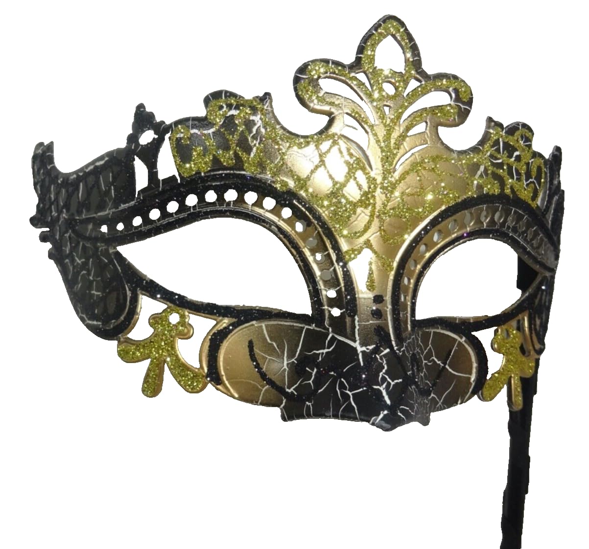 LADIES SPARKLING GOLD AND BLACK RIALTO VENETIAN MASQUERADE CARNIVAL PARTY EYE MASK HAND HELD ON A WOODEN STICK