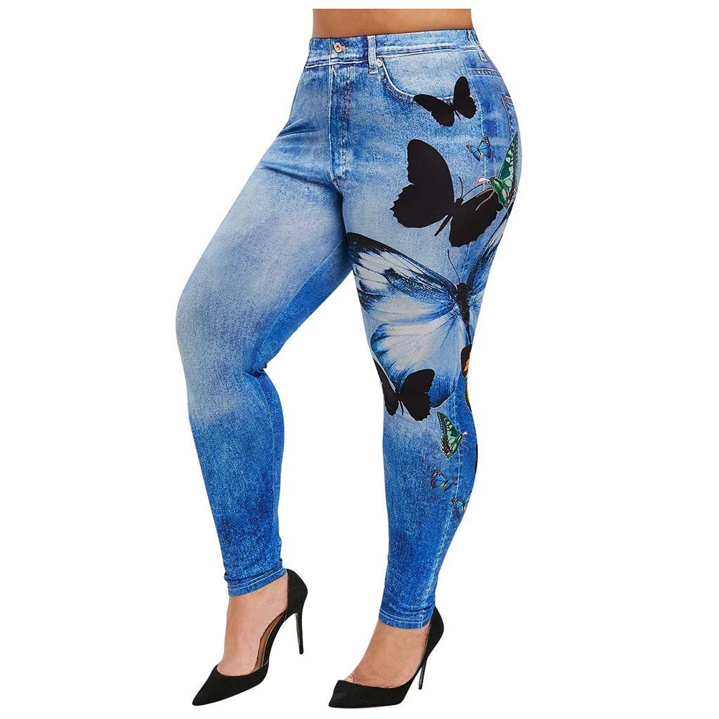 VOWUAJean Leggings for Women Plus Size Butterfly Printed Denim High Waisted Yoga Pants Stretch Jean Look Jeggings Tights
