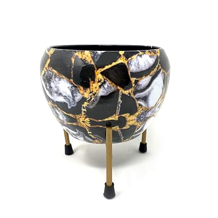 SIA SPACE SHOPPING Round Metal Meena Pots with Stand-Durable Rust Free | Black Marble Finish Flower Planter for Home Garden Decor | Table Top Flower Pot | Best for Indoor & Outdoor Plantation