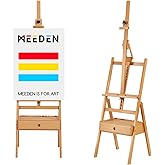 MEEDEN Wooden Painting Easel Stand with Storage: Adjustable H-Frame Studio Floor Easel with Drawer, Professional Forward Tilt
