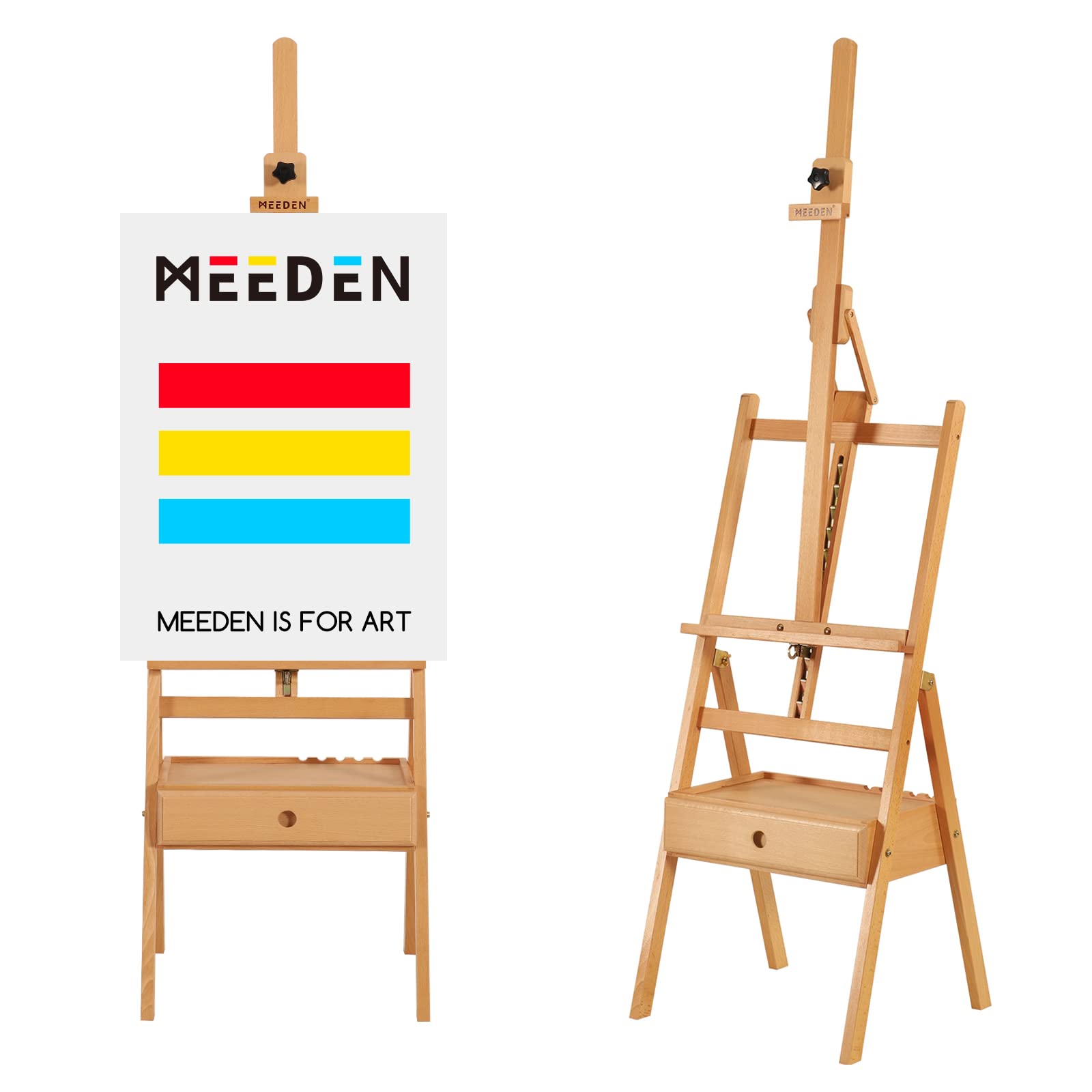 MEEDEN Forward Tilt Studio H-Frame Easel with Art Supply Storage Drawer - Adjustable (58"~75") Solid Beech Wood Easel Stand for Artists, Students and Beginners, Holds Canvas Art up to 37"