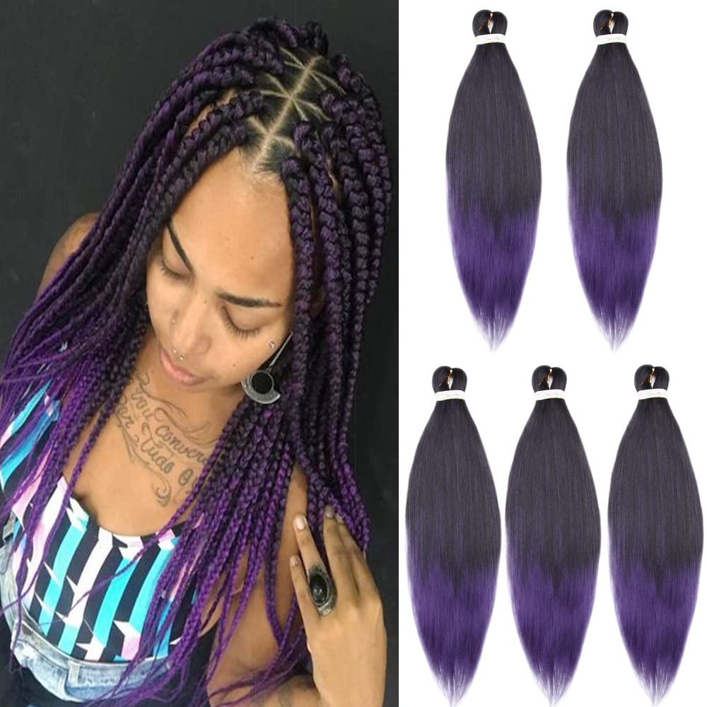 5 Packs Pre Stretched Braiding Hair Extensions Synthetic Natural Braid Crochet Yaki Hair Hot Water Setting Professional Soft Easy Braids 20 inches Black to Dark Purple