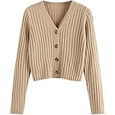 ZAFUL Women's V Neck Ribbed Button Up Cardigan Solid Knitwear Long Sleeve Surplice Crop Tops Sweaters