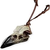 hooseiki Raven Skull Necklace, Viking Necklace Men & Women, Halloween Resin Bird Head Bone Jewelry Pendant Necklace with Adjustable Leather Cord, Figurine Scavenger Gothic Crow Sculpture Witchy Gift