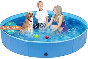 Jazzy Fuzzy Foldable Pool for Large Dogs, 6MM Thickened PP Board, 3 Layers Mesh PVC & Non-Slip Embossed PVC, Collapsible Hard Plastic Summer Swimming Pool, Portable Bath Tub for Pets Cats 71''