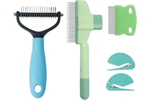 XISHIUYIS 5-Piece Flea Comb Set - Dog Brush, Cat Brush, Flea Comb for Cats, Dog Brush for Shedding, W/Dematting Comb/Scissors, 2-in-1 Massage, Ergonomic Grip, Fit All Pet Breeds & Fur Types
