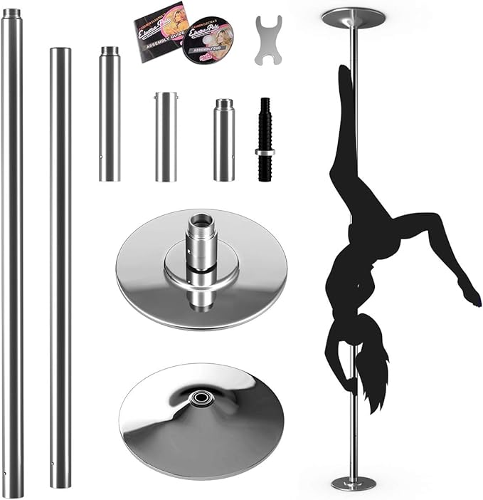 Goplus Profesional Pole Dance Pro - Balón de gimnasia giratorio y firme, de acero cromado, portátil, balón de baile, barra de baile, balón de baile, 45 mm, CD incluido, altura ajustable a