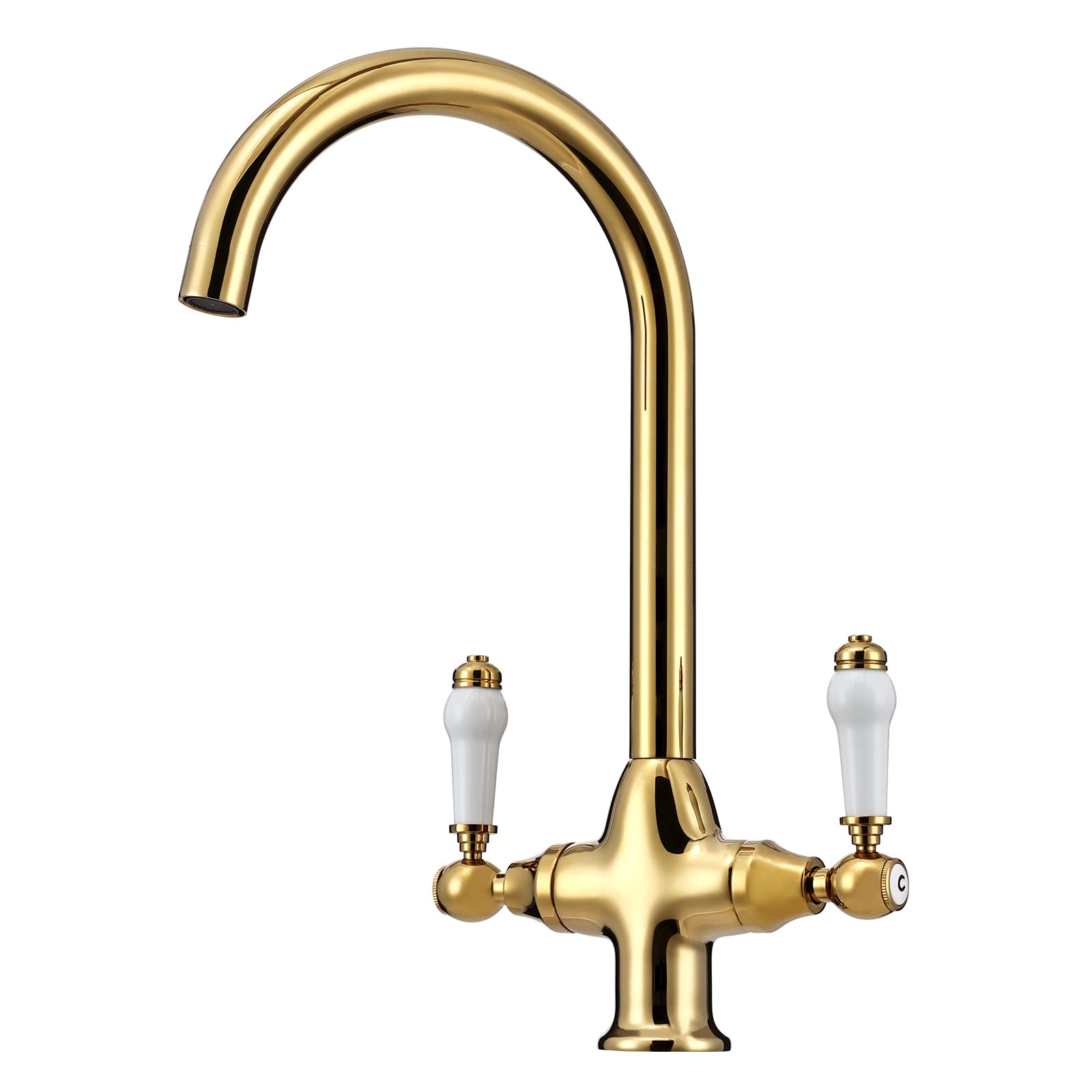 Traditional Kitchen Sink Mixer Tap with White Ceramic Dual Handle 360 Swivel Gooseneck Spout 1 Hole Faucet Taps Mixers Bright Gold