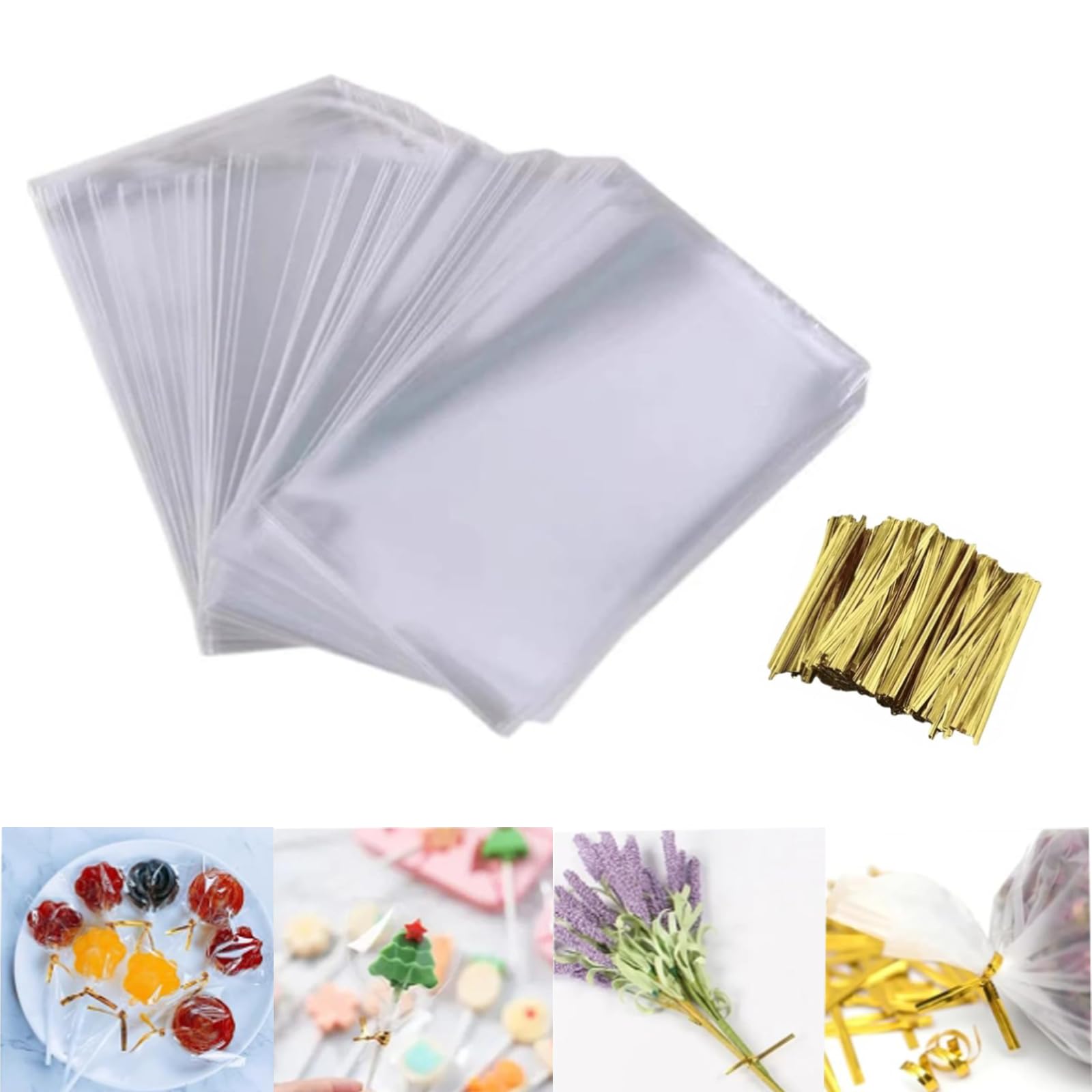 LIANRISES 200pcs 8x12CM Small Cellophane Bags Clear Sweet Bags Clear Cellophane Bags with 200 PCS 8CM Gold Twist Ties