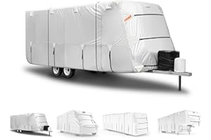 FRUNO Oxford Fabric Travel Trailer Cover RV Cover 20'-22' Waterproof Rip-Resistant Anti-UV Camper Cover for Winter Snow with Jack Cover 4 Tire Covers and Gutter Covers