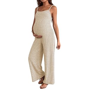 BLENCOT Maternity Ribbed Jumpsuit Stretchy One Piece Wide Leg Romper | Women's Sleeveless Square Neck Adjustable Strap High W
