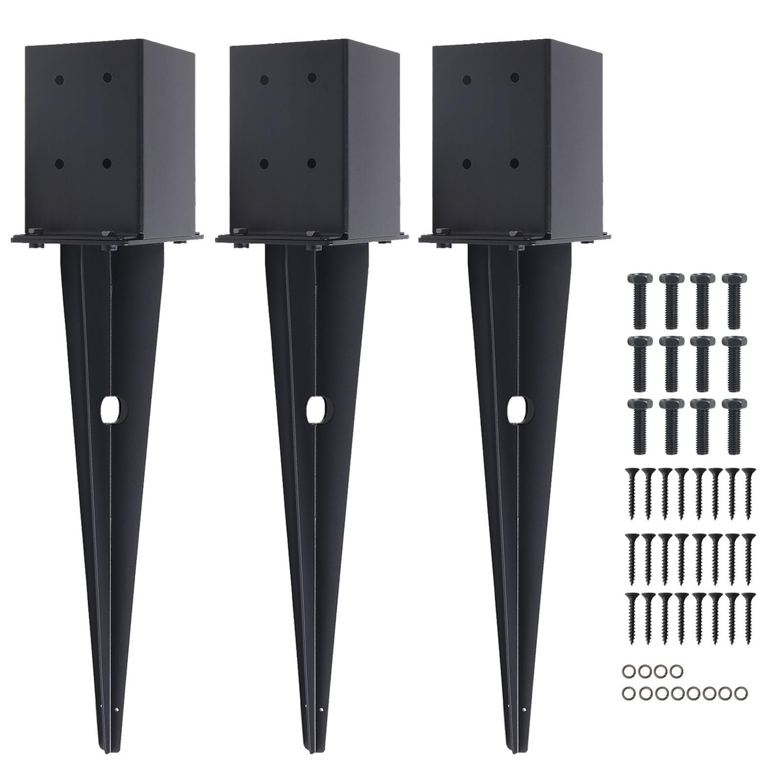 Photo 1 of 3 Pcs 4"x4" Fence Post Anchor,?Inner Size 3.6"x3.6"? Heavy Duty Fence Post Anchor Ground Spike 22" with Black Powder-Coated Outdoor Support Deck,Fence,Porch,Railing,Mailbox..