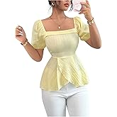 Floerns Women's Elegant Wrap Front Puff Sleeve Peplum Top Square Neck Dressy Blouse Tops