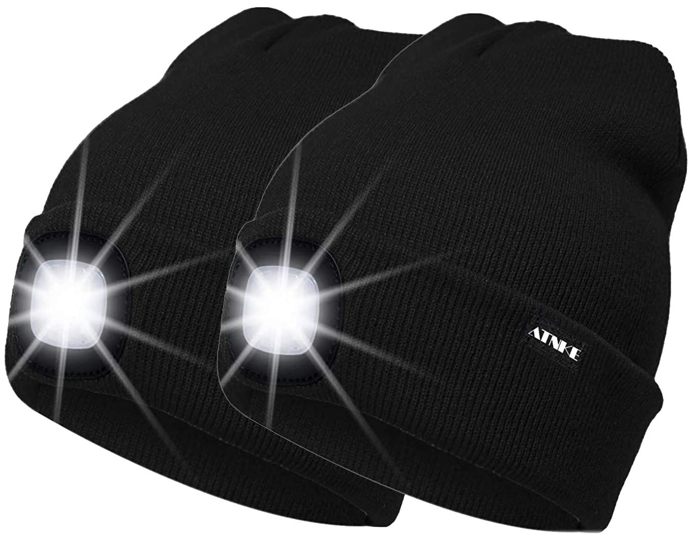 ATNKE 2Pcs New Warm LED Lighted Beanie Cap Unisex USB Rechargeable Running Hat Ultra Bright 4 LED Waterproof Light Lamp Multi-Color/Black