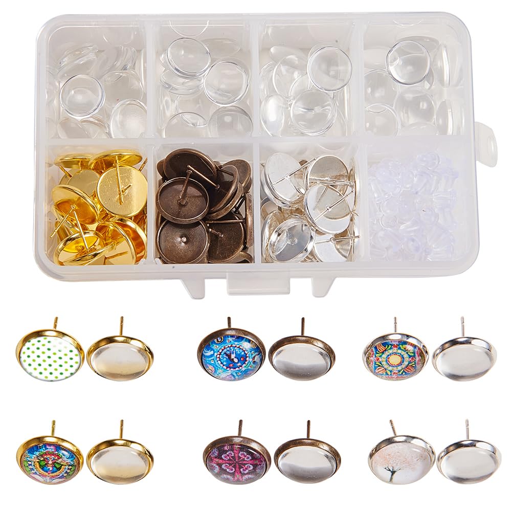 SUNNYCLUE 1 Box 120Pcs 3 Colors Cabochon Stud Earrings Making Kit Including Stud Ear Cabochon Setting Blank Tray Base & 12mm Clear Glass & Ear nuts for Beginners DIY Jewelry Making