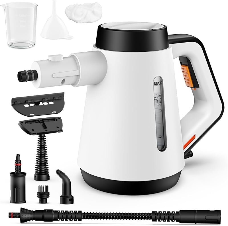 Handdampfreiniger, 400 ml Druck-Mehrzweckdampfreiniger mit 9-teiligem Zubehör, chemikalienfreier Dampfreiniger für den Heimgebrauch, Reinigung von Böden, Fliesen, Fenstern, Sofas (Weiß)