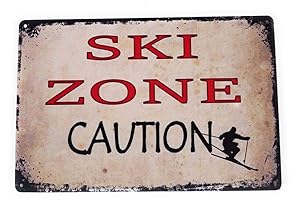 Ski Zone Caution Metal Tin Sign Ski Lodge, Cabin Sign, Mountain Sign, Cabin Themed, Skiing Décor, Wall Décor, Room Décor, Tin Sign 8-Inch by 12-Inch | TSC254 |