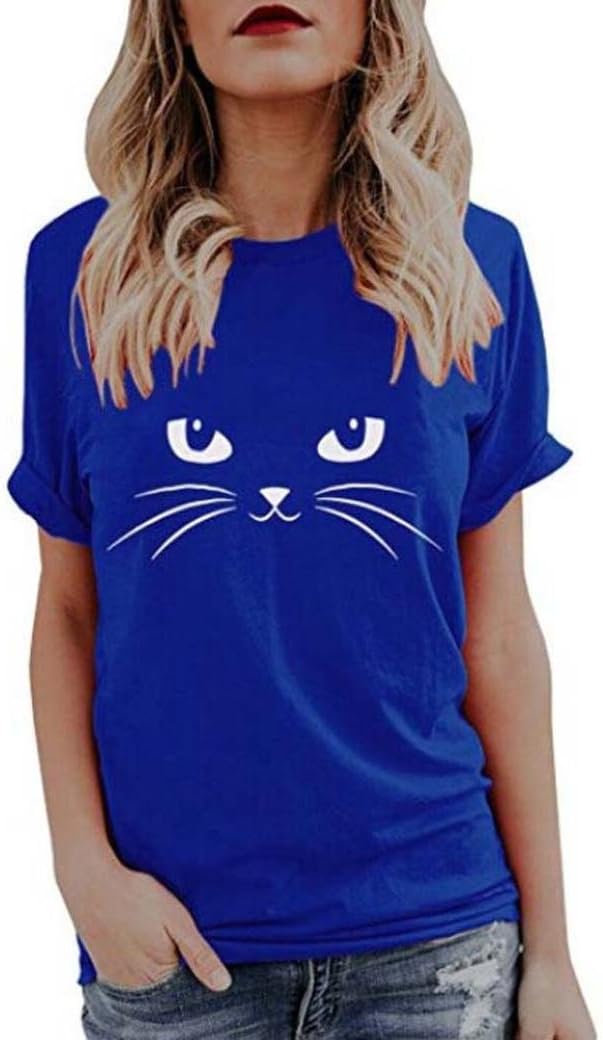LIKELYY Womens Summer Cute Cat Print Tops Short Sleeve T-Shirts Blouse