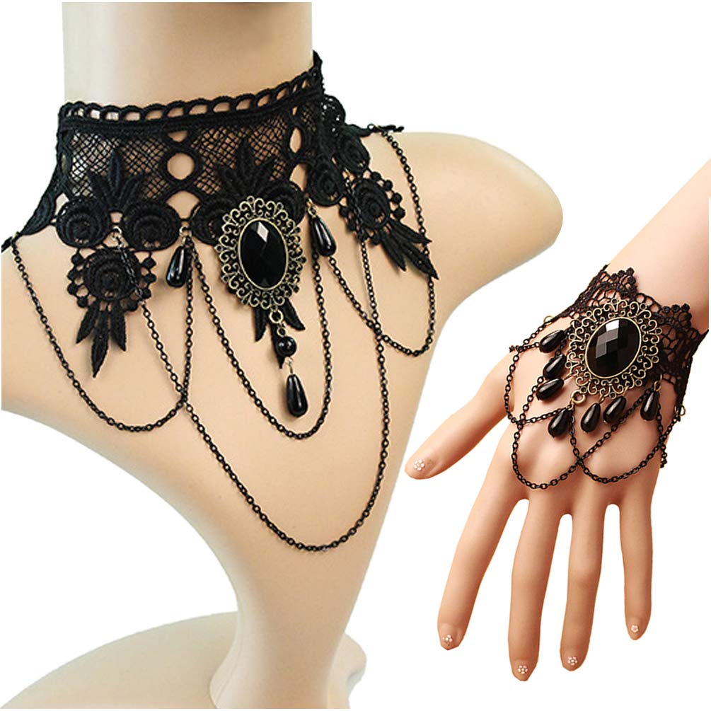 Youniker Halloween Choker Necklace Women Black Lace Choker Steampunk