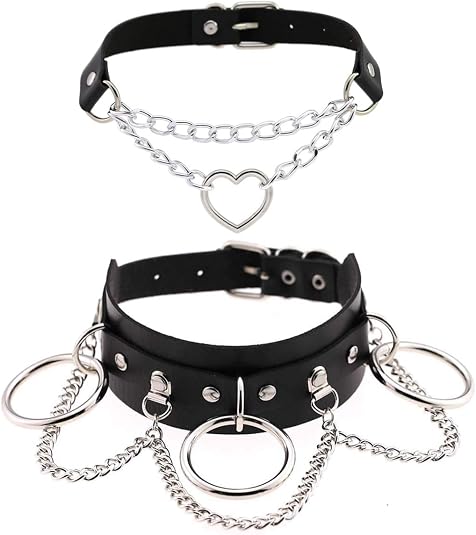 Flongo Gargantilla Negra Choker de Cuero Chica Gótico Punk Cool con Cadenas, Collar de Corazón