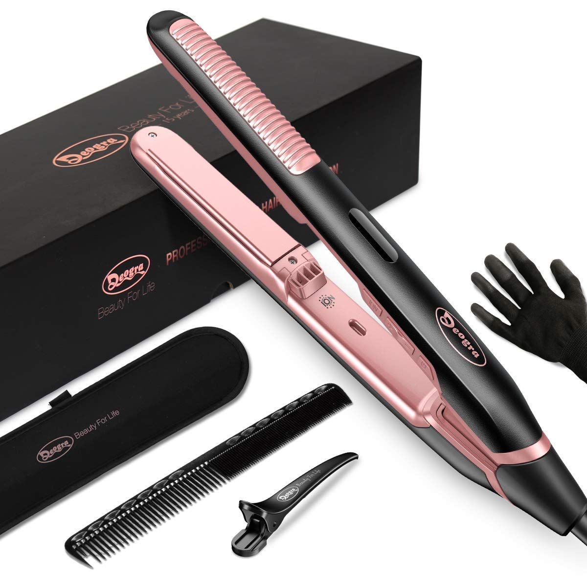 Deogra Ionic Flat Iron for Hair, Dual Voltage Flat Curling Iron,Argan Oil Keratin Infused Ceramic Hair Straightener and Curler, 450 ? Digital Instant Read Temperature Control Hair Iron Rosa Pink