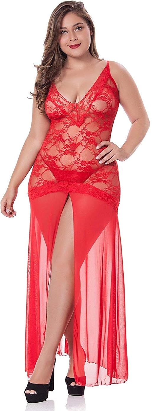 LINGERLOVE Women's Plus Size Lingerie Sexy Split Maxi Long Gown Sheer Dress: Clothing