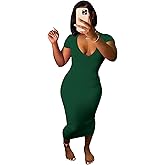 Nimsruc Women's Sexy Summer Casual Short Sleeve Bodycon Dress Deep V-Neck Basic Pencil Midi Club Dresses