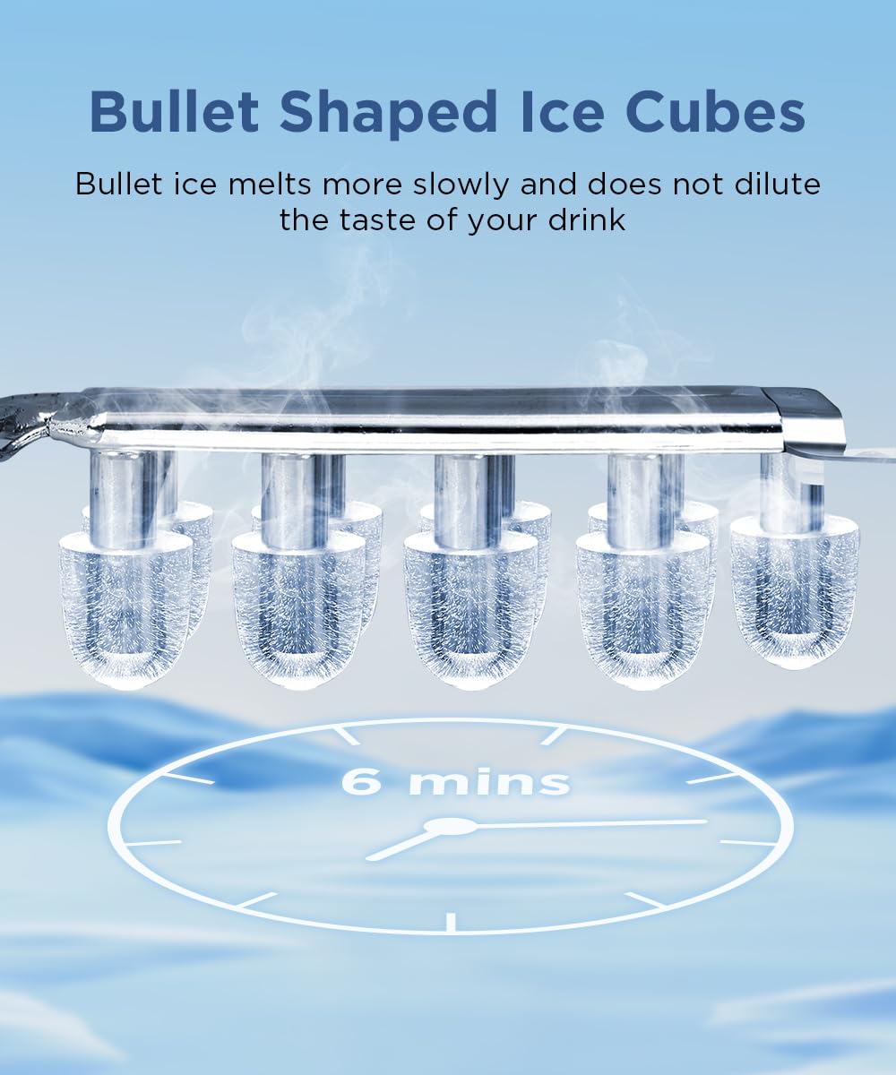 COWSAR Ice Maker Countertop, Stainless Steel Portable Ice Maker Machine with Self-Cleaning, 26.5lbs/24Hrs, 6 Mins/9 Pcs Bullet Ice, Perfectly for Home Use, Gift