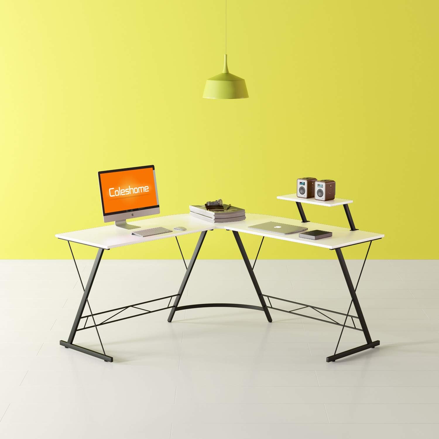 L Shaped Desk Home Office Desk with Round Corner Computer Desk with Large Monitor Stand Desk Workstation,White: Kitchen & Dining