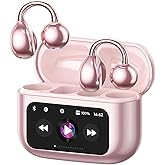 Piluyaa Clip-on Earbuds, Open Ear Earbuds with LCD Touchscreen Wireless Bluetooth 5.4, Lightweight M100 Open Ear Headphones with C-Shaped Bridge, Slim Hook,48H Battery, for Sports, Fitness (Pink)