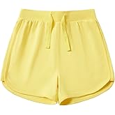 Kid Nation Girls Athletic Shorts Cotton Girls Running Shorts with Pockets Drawstring Kids Soccer Gym Workout Sports Active Shorts Yellow 10-12 Years
