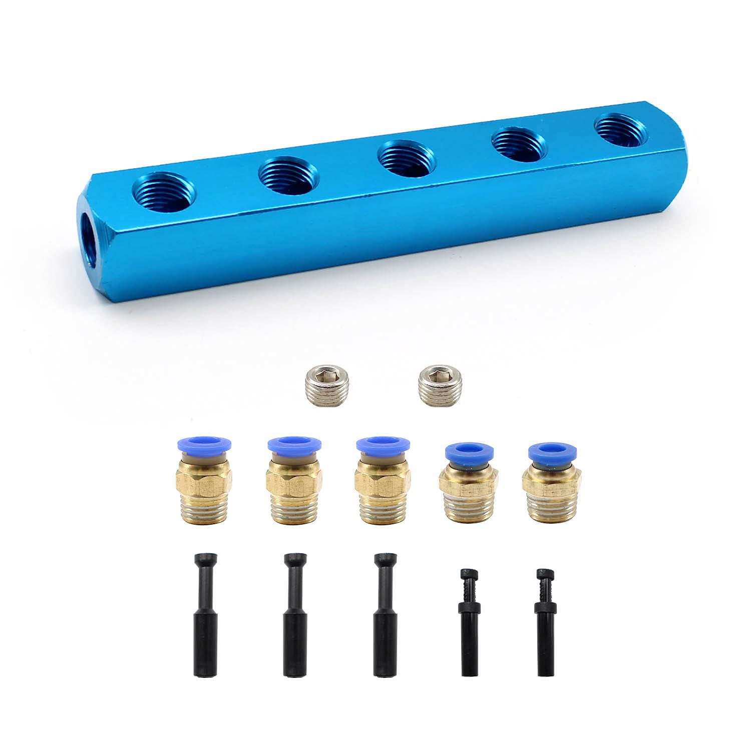 SRJQXH 1/4" Air Manifold, 5 Way 8 Ports Air Hose Manifold Block with 3 Pcs 8mm and 2 Pcs 6mm Pneumatic Connectors, 2 Pcs Grub Screws and 5 pcs Pipe Stopper, Can be Used for Pneumatic Tool