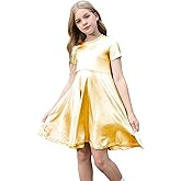 Shekavarld Girls Metallic Dress Kids Sparkly Shiny Dresses Short Sleeve Twirl Swing Dresses