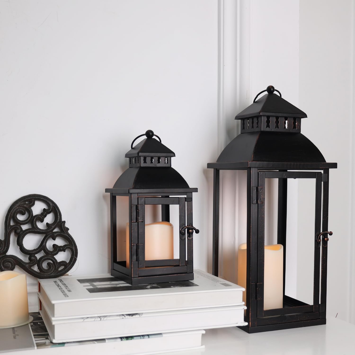 Photo 1 of DECORKEY LED Lanterns Decorative Outdoor&Indoor, Set of 2 (17’’&11’’) Large Black Metal Lantern Decor with bronze brush, Candle Holder for Porch, Patio, Garden, Balcony, Wedding Decorations (No Glass)