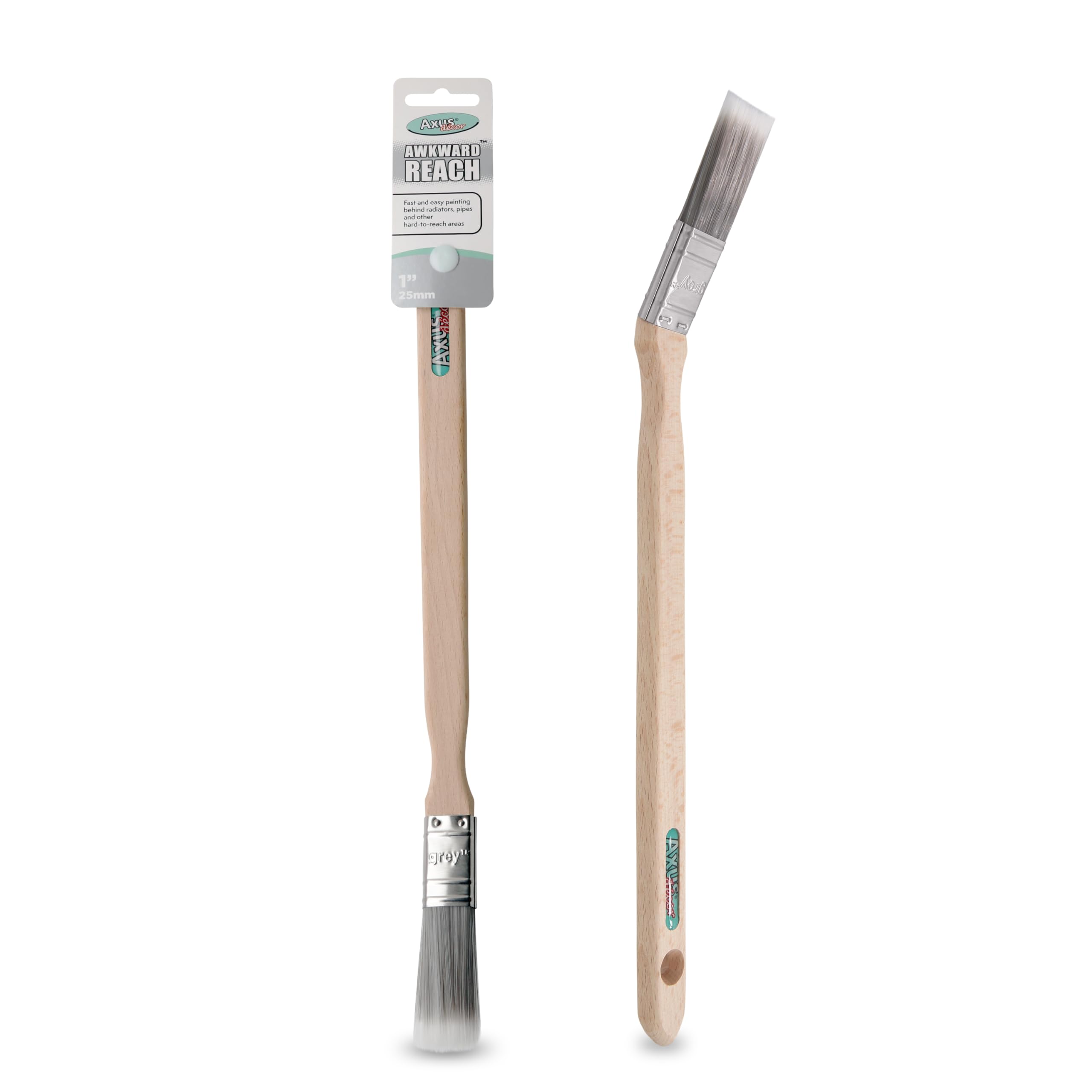 Axus Decor Awkward Reach Paint Brush (Grey Color) - 1"/25mm - For Behind Radiators, Pipes, and Other Hard-to-access Areas, Eco-friendly Natural Bamboo Handles, Anti-Rust Stainless Steel