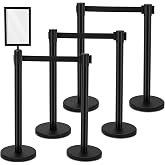 Geelin 6 Pack Crowd Control Stanchions Barriers, 9.8ft, Black | Metal line dividers, with Retractable Belt and Sign Holder, Queue Management, Safety Barrier Post, Easy Assembly