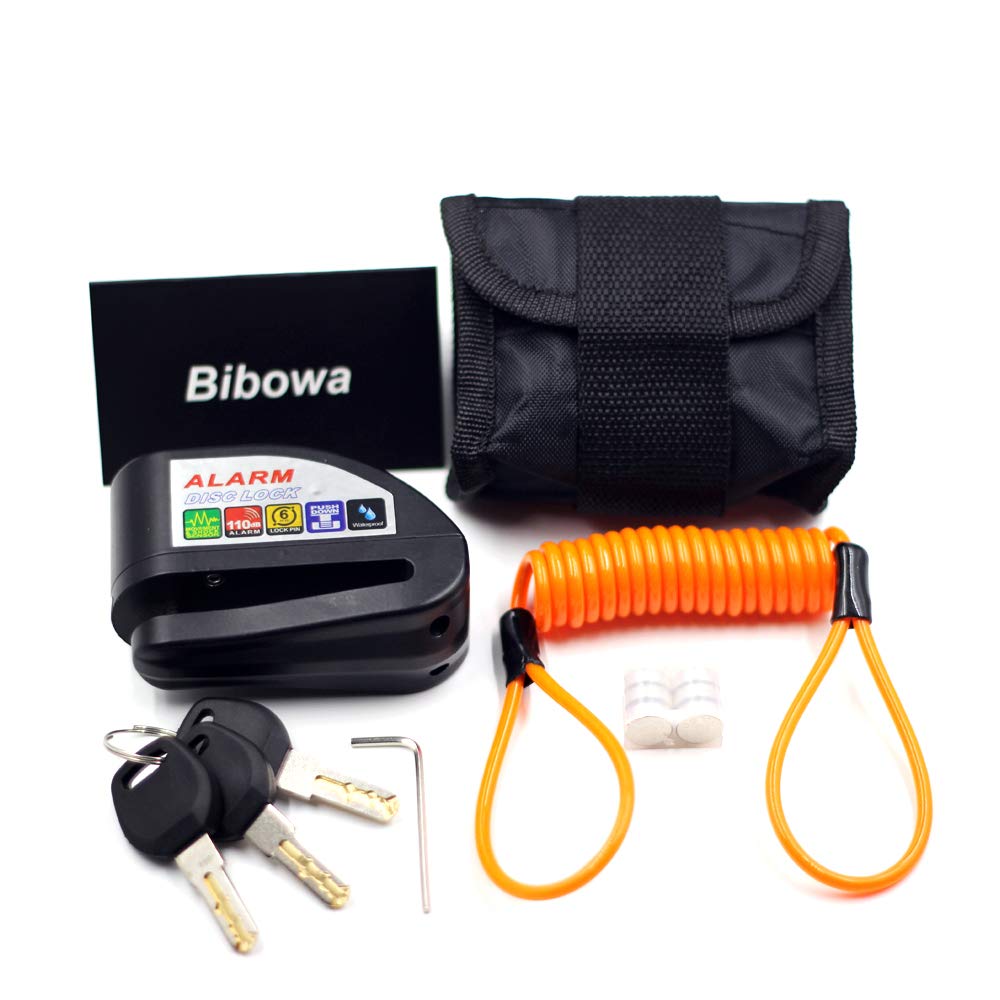 BibowaDisc Brake Lock With Alarm - Anti -Theft Disc Lock Motorcycle Alarm with 110dB Alarm Sound 5ft Reminder Cable and Pouch Wheel Security Lock for Motorcycles Scooters Bikes