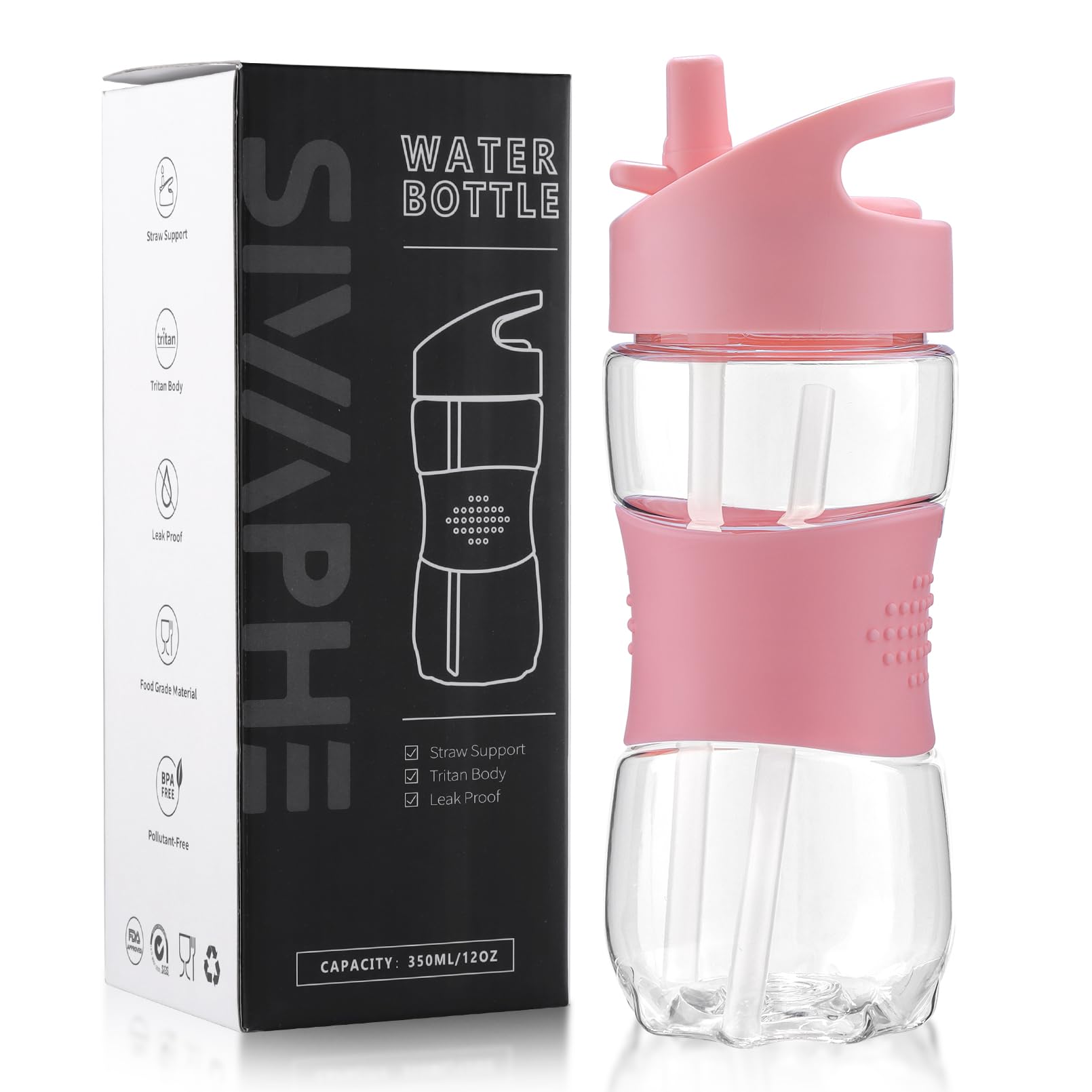 Sivaphe Leak-proof Water Bottle Tritan Plastic, Camping Running Sports Student Outdoor Activity Drinking Bottle with Handle and Silicone Straw (Pink, 400ML)