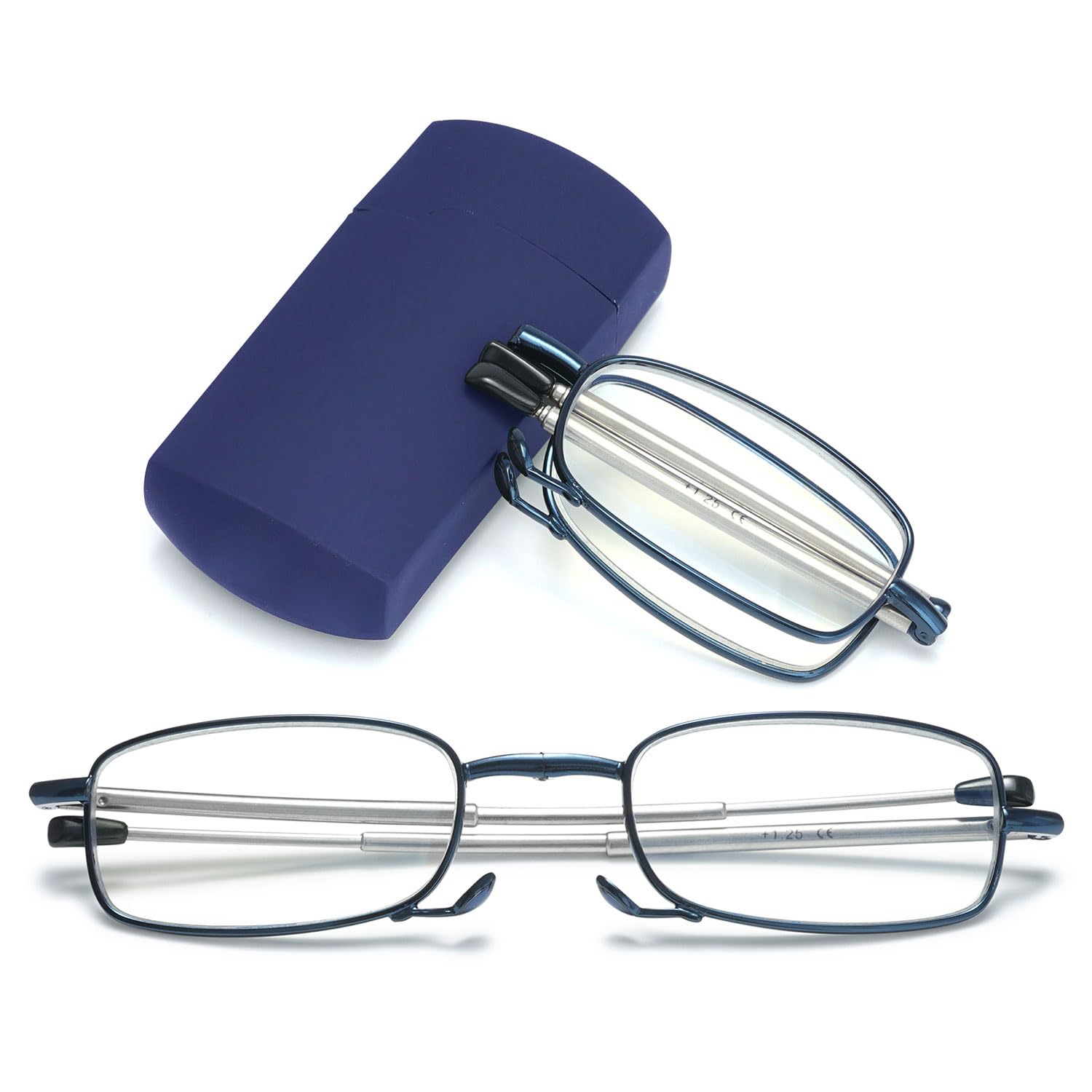 VEVESMUNDO Blue Light Blocking Folding Reading Glasses Portable Compact Small Slim Reader in Tube Case (Blue, +1.0)