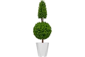 UNADRA Faux Boxwood Trees Outdoor 3.6ft - Artificial Cone Topiary Plants for Front Porch in White Pot Fake Bushes Greenery Ball Shaped Shrubs Home Office Garden Garage Decor (43.3 inches, Cone 1 Ball)