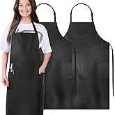 Gotega 2 Pack Aprons for Men Women with Large Pockets, Waterproof Rubber Vinyl Apron 40 Inch Heavy Duty Chef Apron Black Adjustable Work Apron for Dishwashing Kitchen Cooking Drawing
