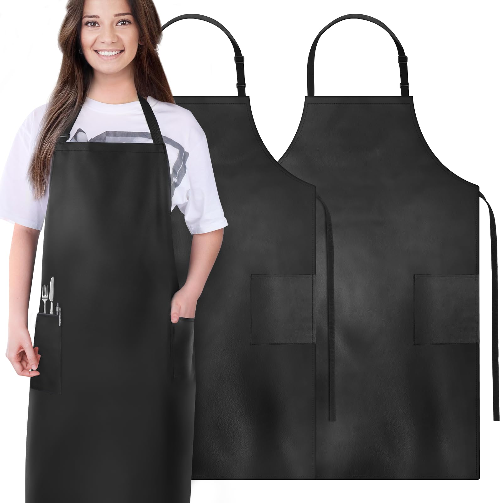 Photo 1 of Gotega 2 Pack Aprons for Men Women with Large Pockets, Waterproof Rubber Vinyl Apron 40 Inch Heavy Duty Chef Apron Black Adjustable Work Apron for Dishwashing Kitchen Cooking Drawing