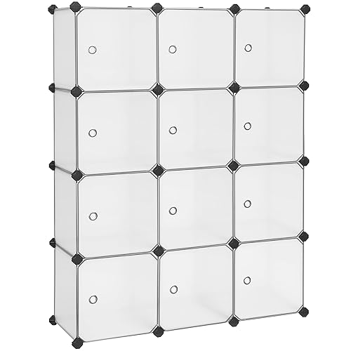 SONGMICS 12-Cube Storage Unit, Shoe Rack, Stackable Cubes, Plastic Closet Cabinet, Wardrobe, with Doors, for Bedroom, Office, Easy to Assemble, White LPC342W01