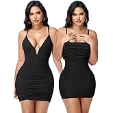 SHAPERIN Shapewear Dress Sexy Deep V Neck Ruched Bodycon Cocktail Party Mini Dresses for Women