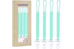 AMAZINGM One Piece Design Silicone Pacifier Clip Holder for Baby Boys and Girls,Pack of 4 Flexible Paci Leash,Binky Clips,Newborn Essentials (Plastic Clip, Blue)