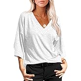 Grlasen Women's 3/4 Sleeve T-Shirt Summer V-Neck top Vintage Cotton Basic T-Shirt