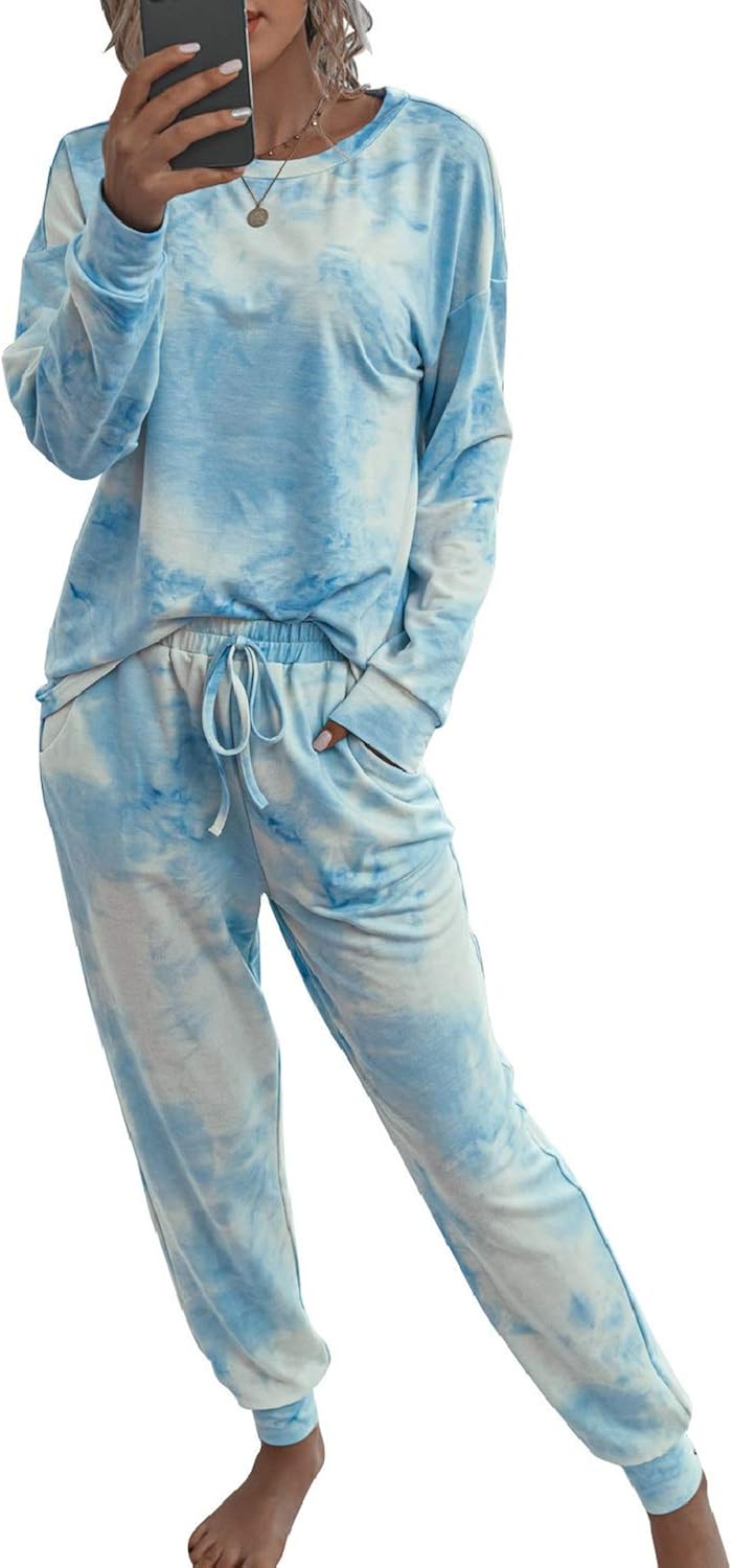 Zuvebamyo Women Tie Dye Pajamas Set Long Sleeve Tops and Pants